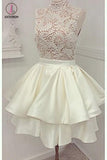 Kateprom Ivory High Neck Satin Homecoming Dress with Lace, Short Two Layers Prom Dress KPH0298