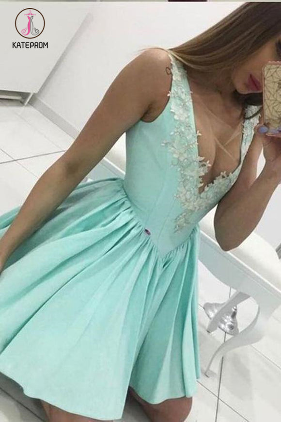 Kateprom Cute Tiffany Blue V Neck Appliqued Short Homecoming Dress, Mini Graduation Dress KPH0304