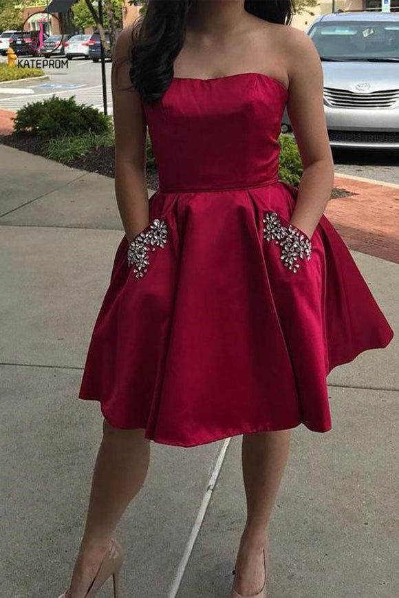 Kateprom Simple Strapless Cheap Beaded Dark Red Homecoming Dresses with Pockets KPH0305