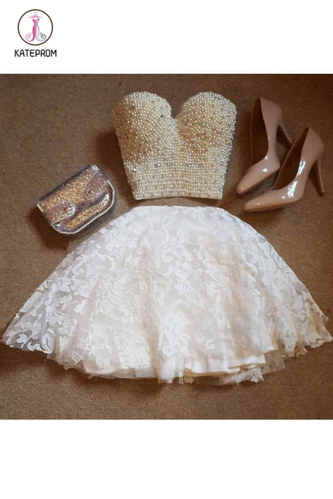 Kateprom Two Piece Sweetheart Beaded Lace Homecoming Dress, Mini Cute kateprom Kateprom Two Piece Sweetheart Beaded Lace Homecoming Dress, Mini Cute kateprom