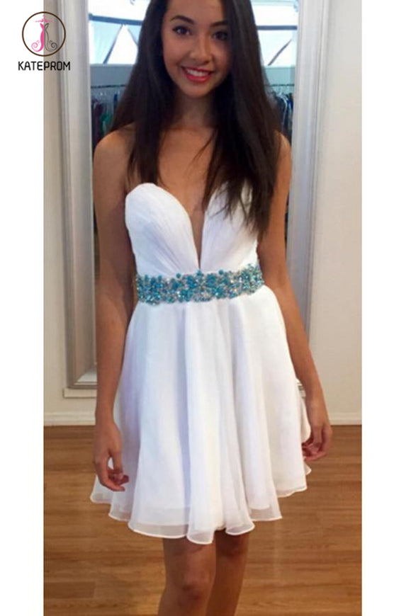 Kateprom White Sweetheart Cheap Chiffon Short Dress, A Line Homecoming Dress with Beading Belt KPH0307