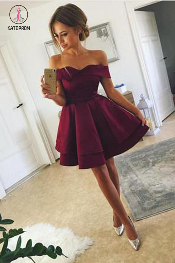 Kateprom Short Satin Off-The-Shoulder Homecoming Dresses, A Line Mini Ruched Prom Dress KPH0309