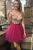 Kateprom Mini Deep V Neck Sleeveless Tulle Homecoming Dress with Appliques, Short Prom Dress KPH0311