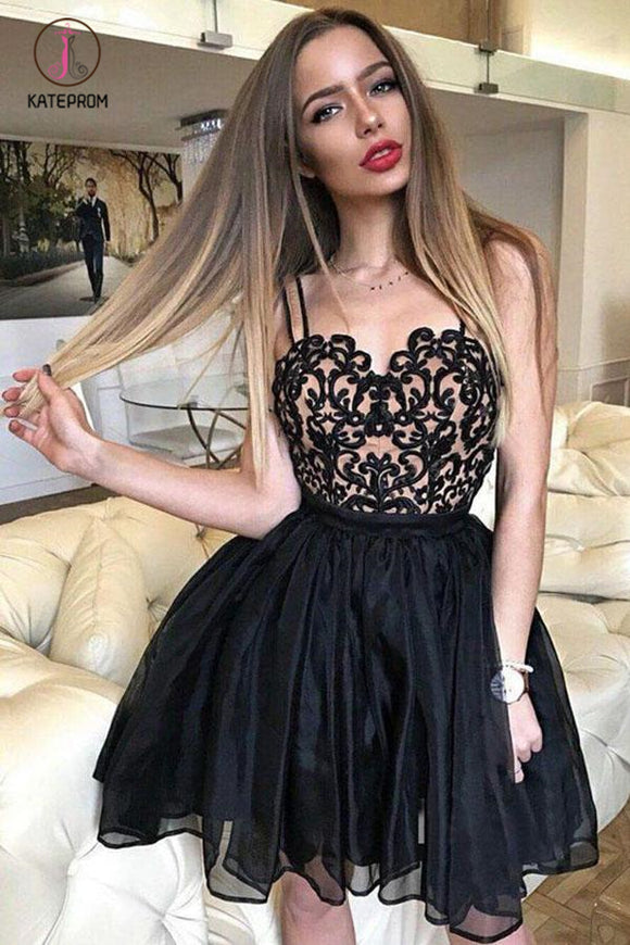 Kateprom Black Straps Sweetheart Lace Appliques Short Homecoming Dress,Cheap Mini Cocktail Dress KPH0312