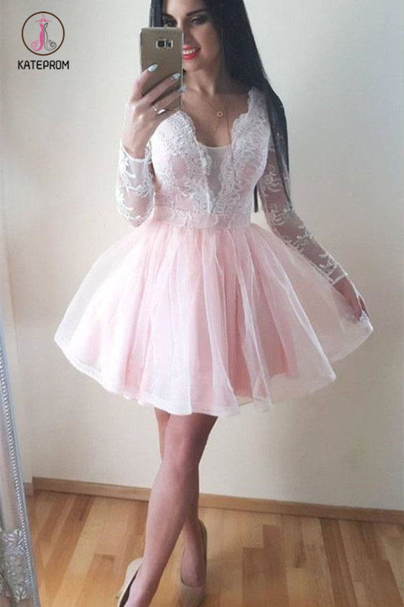 Kateprom Pearl Pink A Line Long Sleeves V Neck Short Homecoming Dress with Lace Appliques KPH0313