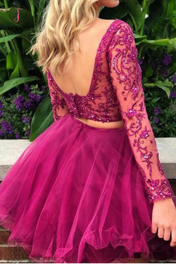 Kateprom Fuchsia Two Piece Long Sleeves Tulle Homecoming Dress with Beading, Short Prom Dress KPH0317