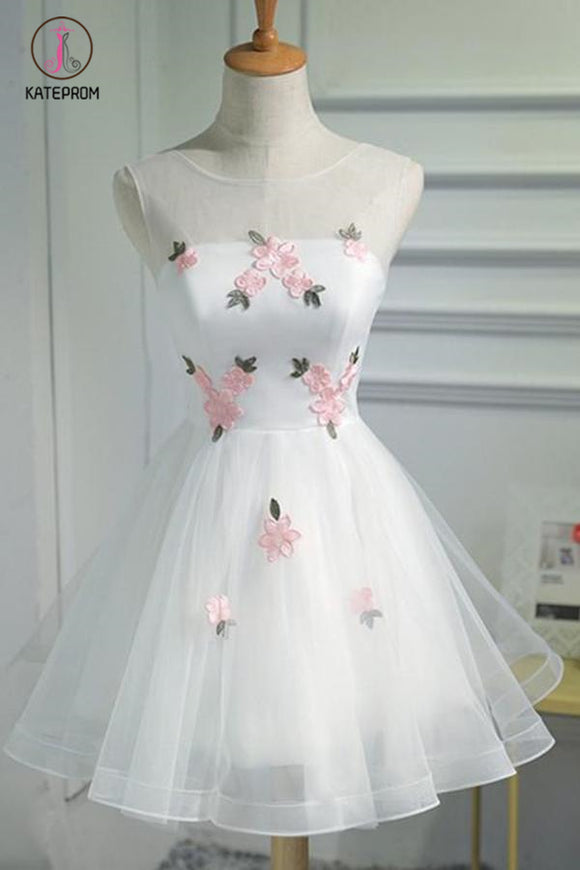 Kateprom A Line Cheap Tulle Graduation Dress with Pink Appliques,Short Sleeveless Prom Dress KPH0322