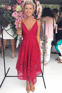 Kateprom Red V Neck Asymmetrical Prom Dress, A Line Cheap Lace Party Dress, Bridesmaid Dress KPH0323