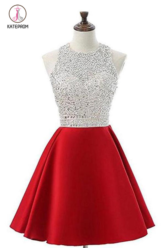 Kateprom Red Jewel Satin Short Prom Dress with Beads, A Line Sparkly Homecoming Dresses KPH0324