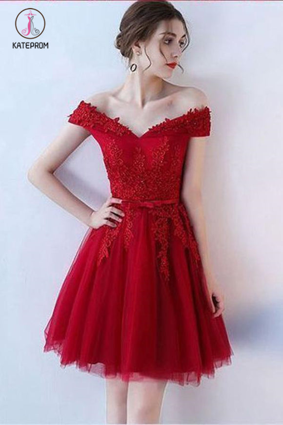 Kateprom Red Off Shoulder Tulle Short Homecoming Dresses, Appliqued Simple Party Dresses KPH0325