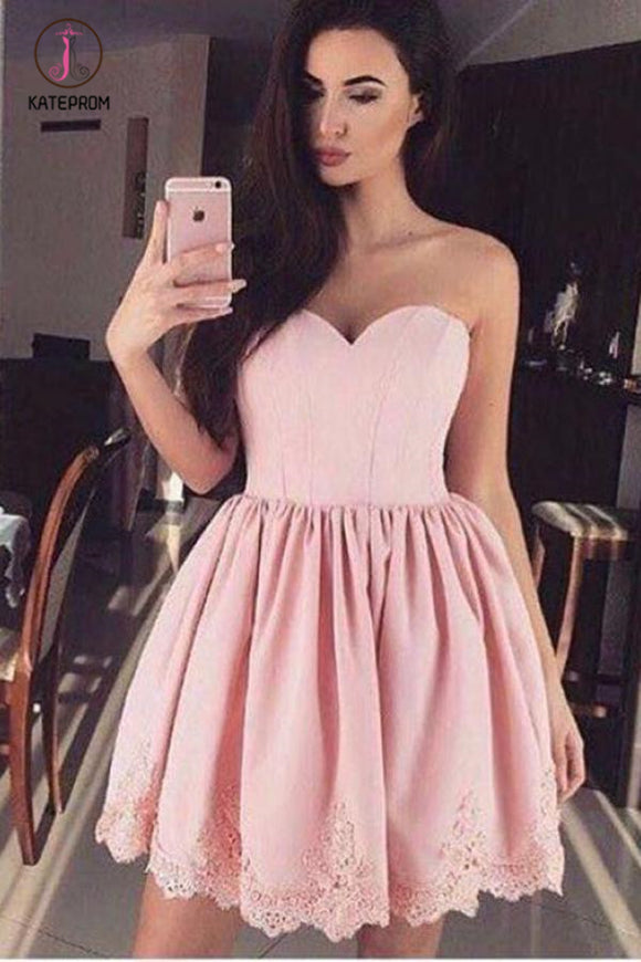 Kateprom Pink Sweetheart Lace Appliques Short Graduation Dress, New Strapless Homecoming Dress KPH0328