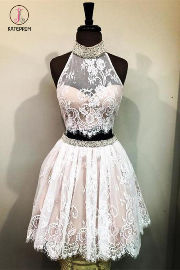 Kateprom Lace High Neck Sleeveless Homecoming Dress with Beads, Two Piece Lace Short Prom Dress KPH0329