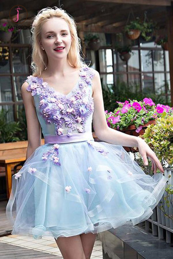 Kateprom Stylish Light Blue Tulle Short Homecoming Dress with Lilac Appliques, Sweet 16 Dress KPH0331