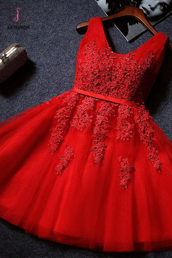 Kateprom Red Cute V Neck Sleeveless Appliques Tulle Homecoming Gown, A Line Short Prom Dress KPH0334