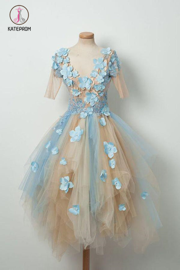 Kateprom Cute V Neck Half Sleeves Tulle Short Prom Dress, Asymmetrical Homecoming Dresses KPH0332