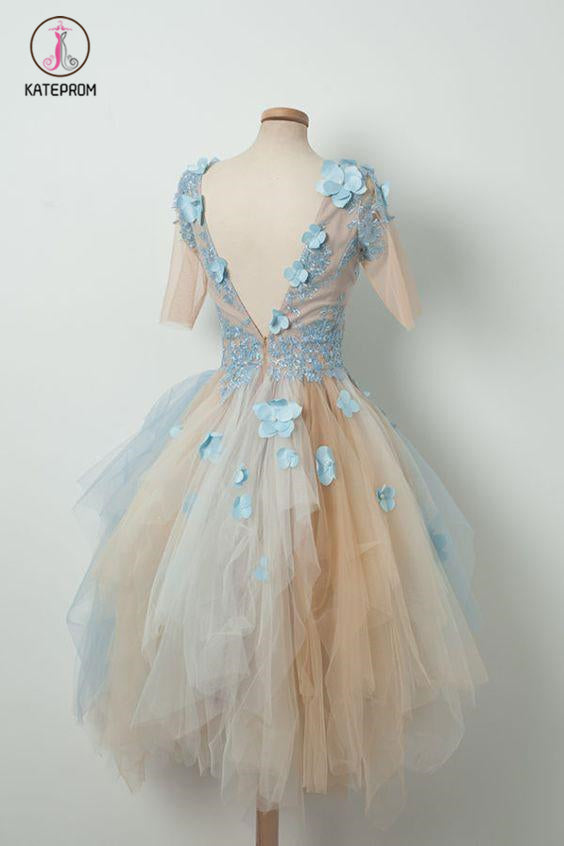Kateprom Cute V Neck Half Sleeves Tulle Short Prom Dress, Asymmetrical –  kateprom