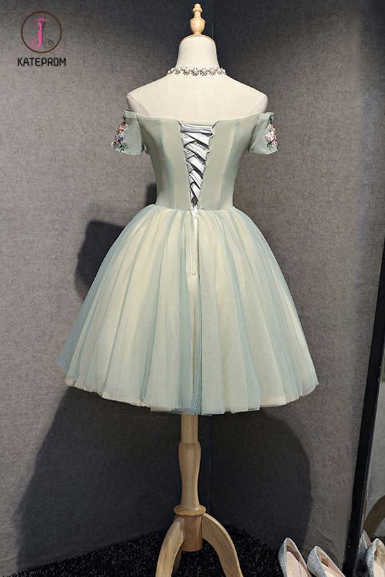 Kateprom Cute Off the Shoulder Tulle Homecoming Dress, Light Green Sho   kateprom