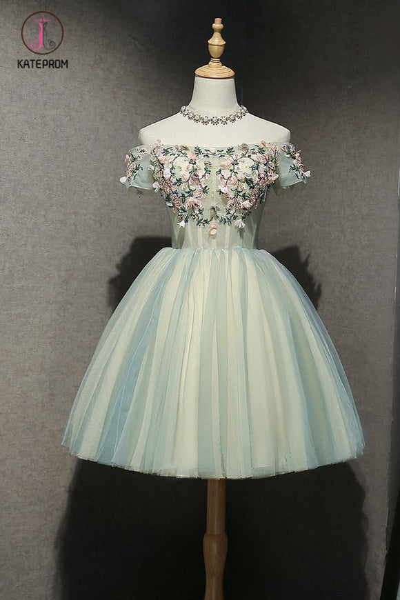 Kateprom Cute Off the Shoulder Tulle Homecoming Dress, Light Green Sho kateprom Kateprom Cute Off the Shoulder Tulle Homecoming Dress, Light Green Sho kateprom