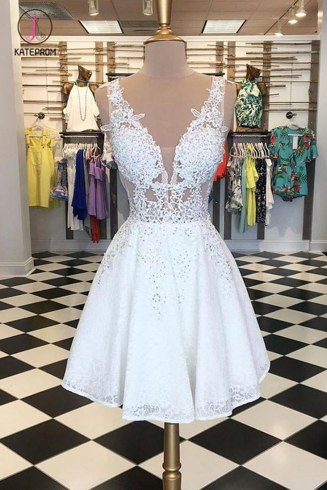 Kateprom White Lace Homecoming Dress, Cheap V Neck See Through Short G –  kateprom
