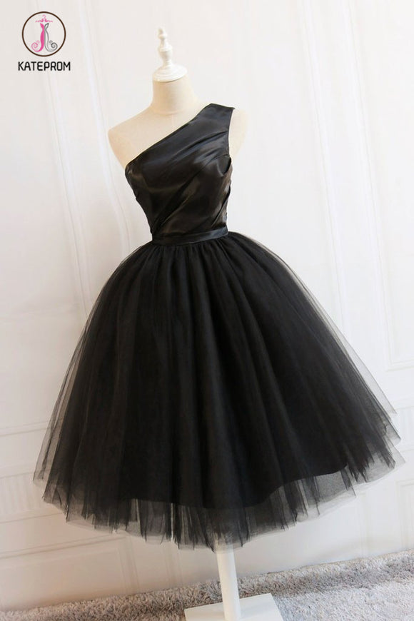 Kateprom Cute Black One Shoulder Short Prom Dress, Black Tulle Homecoming Dress with Belt KPH0337
