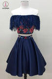 Kateprom Two Piece Dark Blue Off the Shoulder Satin Homecoming Dress, Unique Party Dress with Lace KPH0341