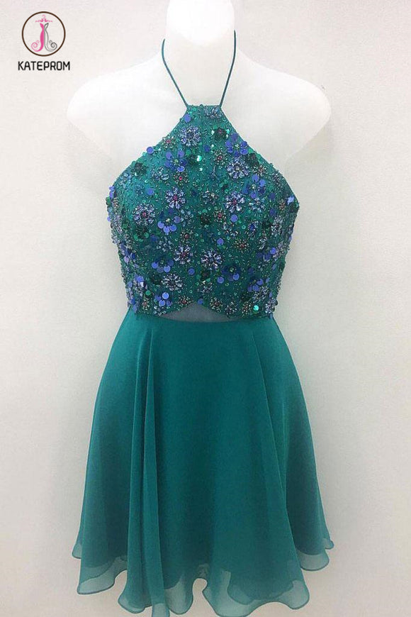 Kateprom Green Halter Chiffon Short Beading Homecoming Dress, Mini Cute Prom Dresses KPH0342