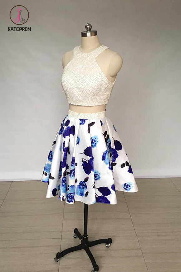 Kateprom Two Piece Ivory Jewel Floral Print Satin Short Homecoming Dress with Pearls KPH0343