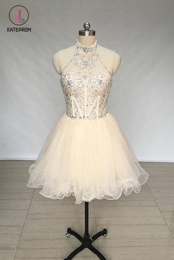 Kateprom A Line High Neck Tulle Beading Mini Homecoming Dress, Short Prom Dress with Beads KPH0344