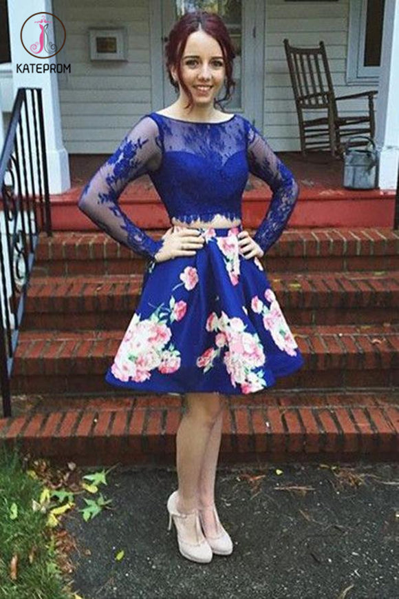 Kateprom Royal Blue Two Piece Bateau Long Sleeves Floral Short Homecoming Dress with Lace KPH0347