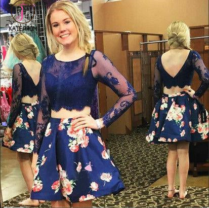 Kateprom Royal Blue Two Piece Bateau Long Sleeves Floral Short Homecom kateprom Kateprom Royal Blue Two Piece Bateau Long Sleeves Floral Short Homecom kateprom