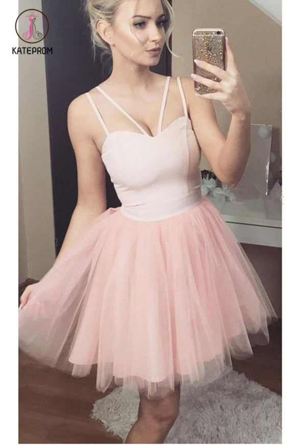 Kateprom A Line Sexy Straps Tulle Pink Homecoming Dress, Cute Short Tulle Prom Dress KPH0348