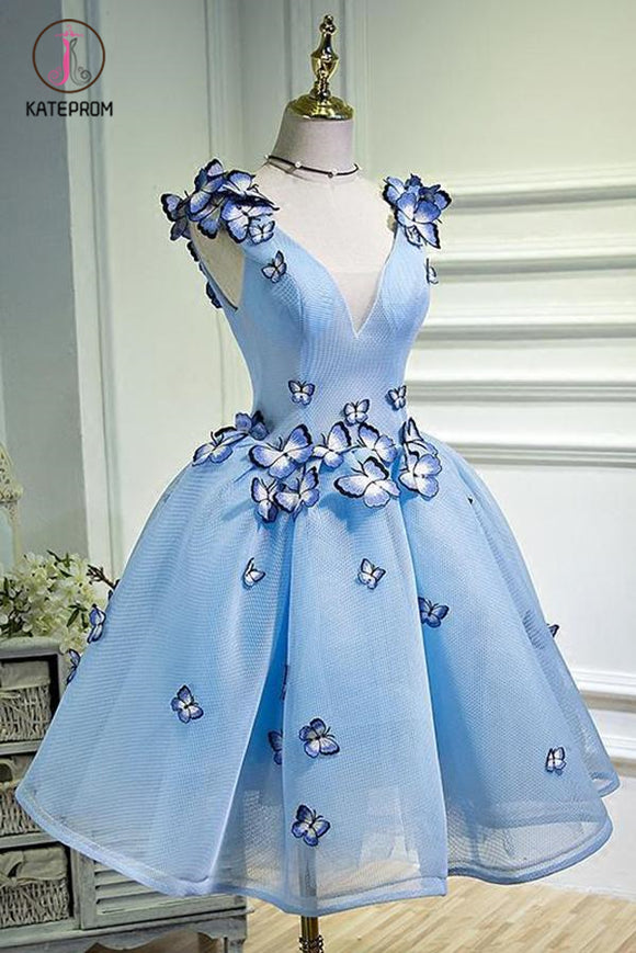 Kateprom A Line Sky Blue V Neck Sleeveless Junior Homecoming Dress with Butterfly Flowers KPH0352