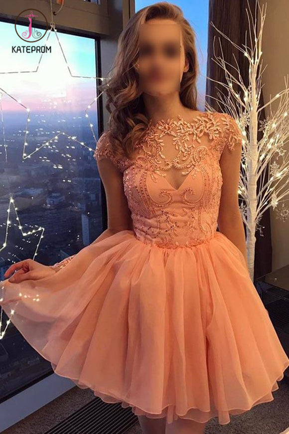 Kateprom Peach Cap Sleeves Short Chiffon Homecoming Dress with Appliques, A Line Short Prom Dress KPH0353
