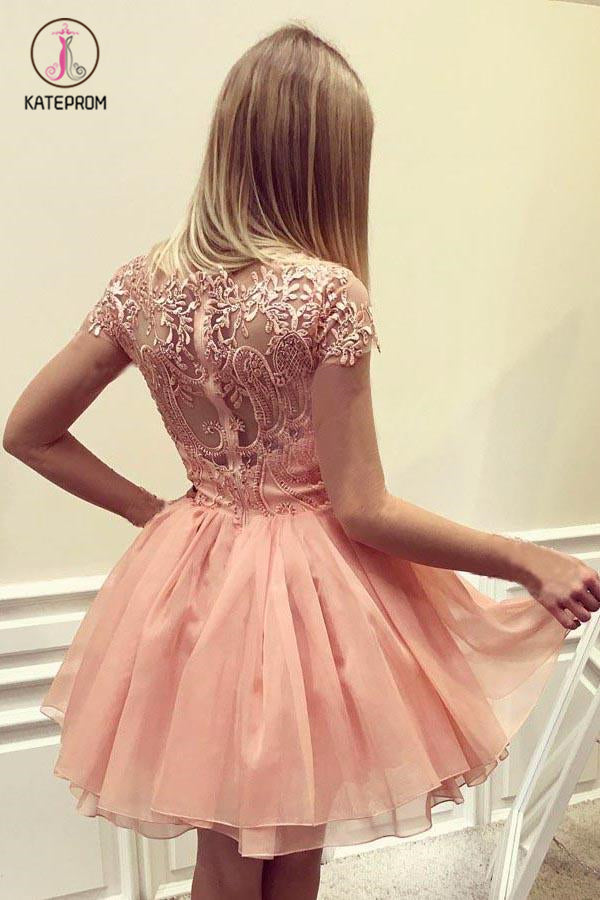 Kateprom Peach Cap Sleeves Short Chiffon Homecoming Dress with Appliqu kateprom Kateprom Peach Cap Sleeves Short Chiffon Homecoming Dress with Appliqu kateprom