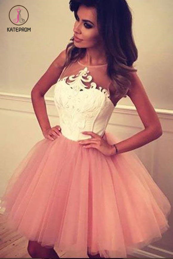 Kateprom Cheap A Line Sheer Neckline Tulle Short Prom Dress with Appliques, Cute Homecoming Dress KPH0354