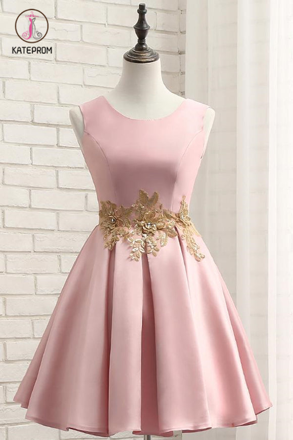 Kateprom Pink A Line Sleeveless Ruched Homecoming Dress with Gold Appliques, Short Prom Dress KPH0357