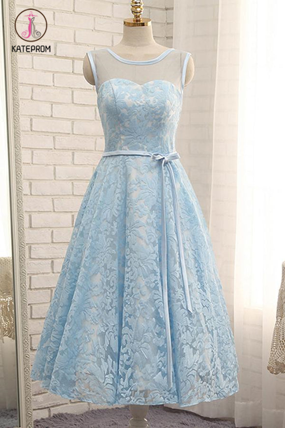 Kateprom Tea Length A Line Light Blue Lace Homecoming Dress with Belt, Tea Length Prom Dress KPH0358