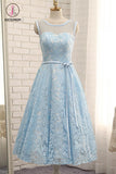 Kateprom Tea Length A Line Light Blue Lace Homecoming Dress with Belt, Tea Length Prom Dress KPH0358