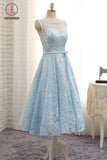 Kateprom Tea Length A Line Light Blue Lace Homecoming Dress with Belt, Tea Length Prom Dress KPH0358