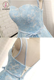Kateprom Tea Length A Line Light Blue Lace Homecoming Dress with Belt, Tea Length Prom Dress KPH0358