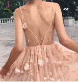Kateprom Long Spaghetti Straps Tulle Prom Dress with Flowers, V Back Homecoming Dress KPH0361