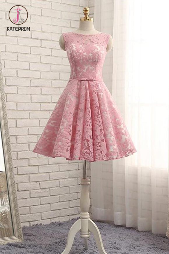 Kateprom A Line Short Lace Homecoming Dress with Belt, Pink Short Ruched Prom Dress KPH0362