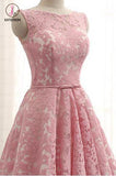 Kateprom A Line Short Lace Homecoming Dress with Belt, Pink Short Ruched Prom Dress KPH0362