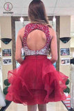 Kateprom Two Piece Burgundy Homecoming Dress with Open Back, Sequined Short Prom Dress KPH0368