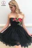 Kateprom Black Strapless Lace Homecoming Dress with Appliques, Short A Line Prom Dress KPH0369