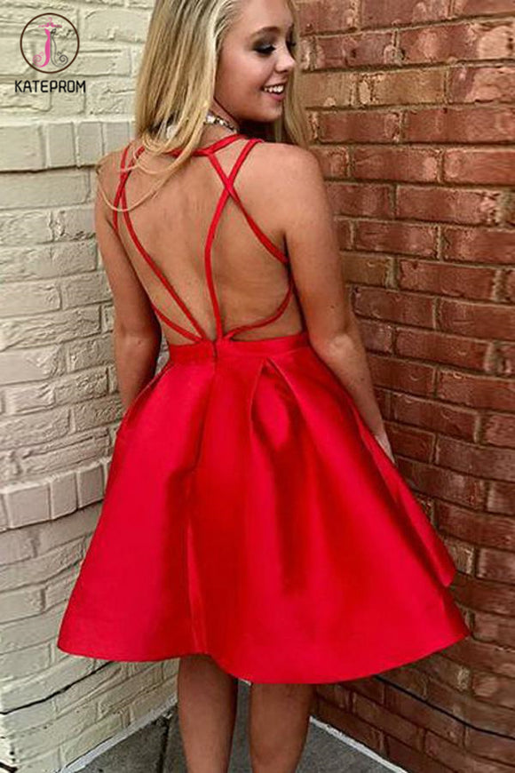 Kateprom Red A-Line V-Neck Open Back Knee Length Satin Homecoming Dress, Short Prom Gown KPH0370