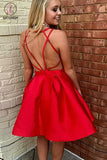 Kateprom Red A-Line V-Neck Open Back Knee Length Satin Homecoming Dress, Short Prom Gown KPH0370