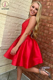 Kateprom Red A-Line V-Neck Open Back Knee Length Satin Homecoming Dress, Short Prom Gown KPH0370