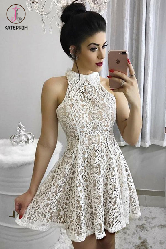 Kateprom A Line High Neck Lace Homecoming Dress, Ivory Sleeveless Ruched Short Sweet 16 Dress KPH0372
