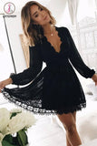 Kateprom Black Deep V Neck Long Sleeves Lace Homecoming Dress, Black Short Prom Gown KPH0374